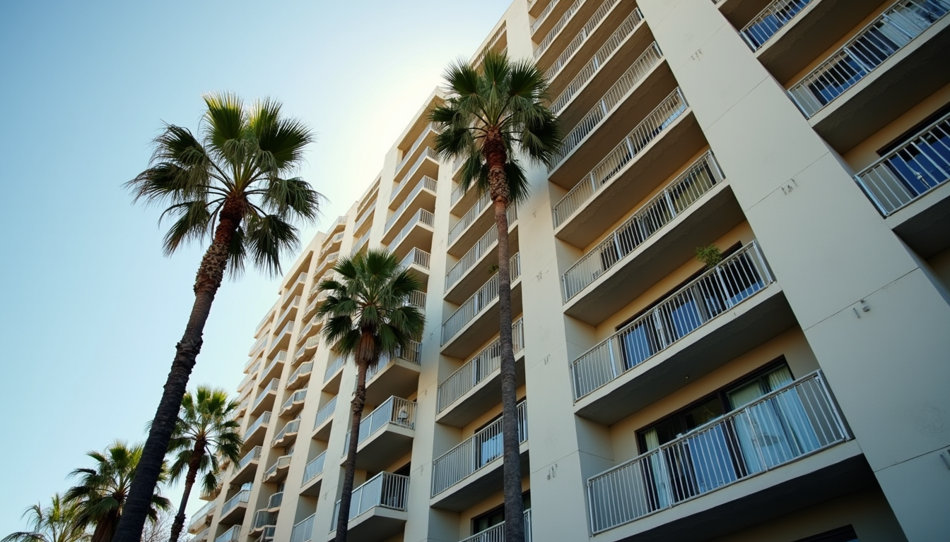 Modern Los Angeles apartment building with balconies and palm trees